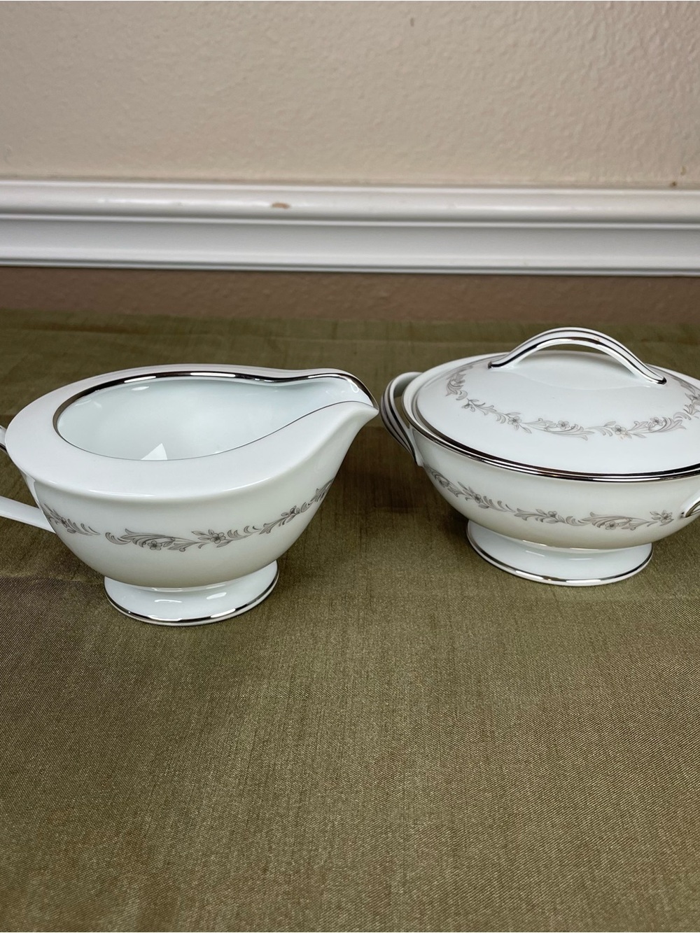 Noritake Crestmont 6013 Creamer Pitcher & Sugar Bowl W/ Lid Japan Platinum China